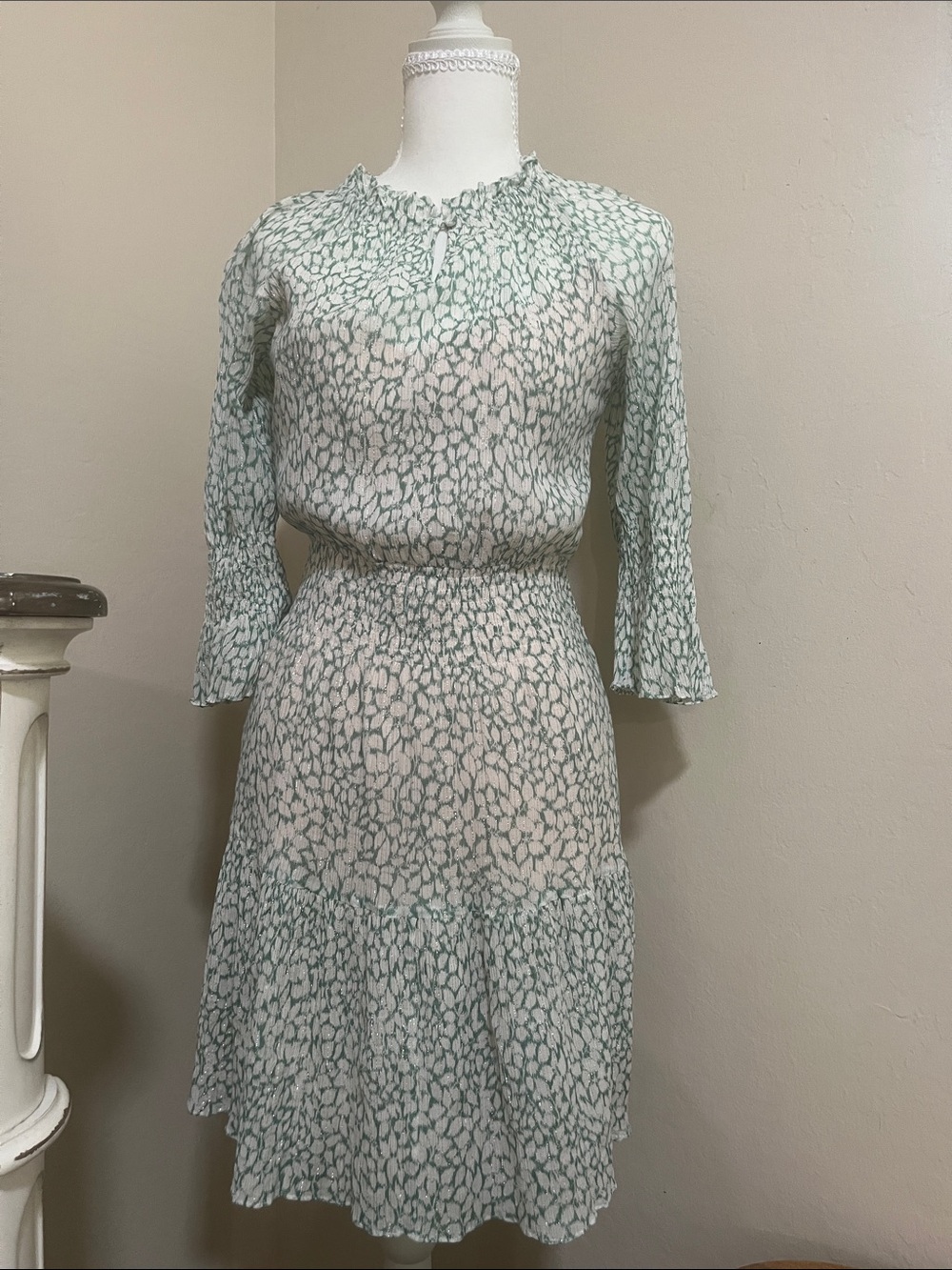 Light Sage Printed Long-Sleeve Tiered Midi Dress by